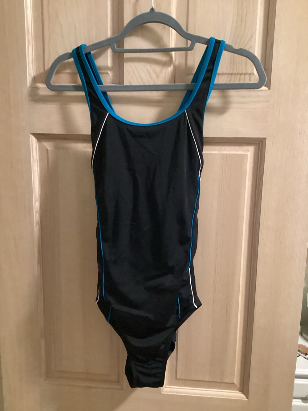 Lands End Swimsuit Size 6 One Piece Tank Black with Turquoise White Trim